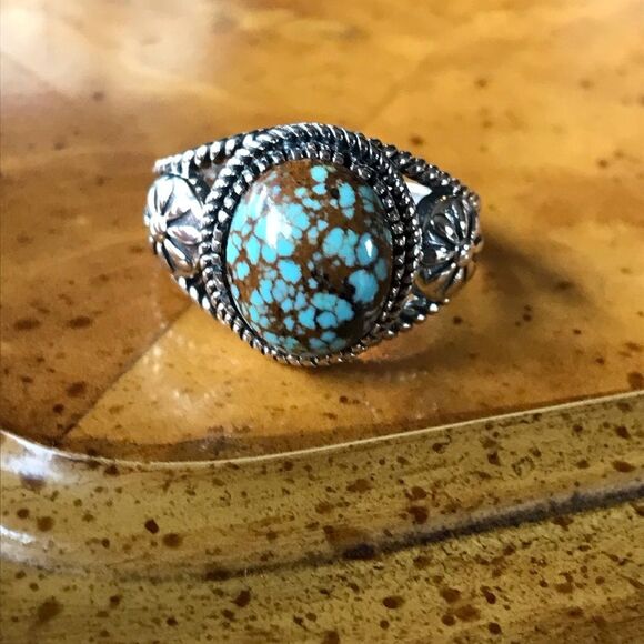 Blue Turquoise Sterling Silver Flower Ring Size 8 - Picture 9 of 9